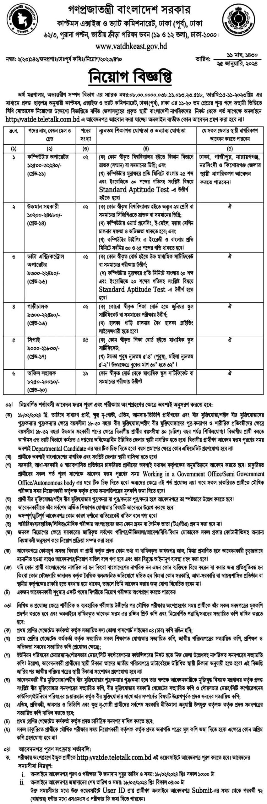 ঢাকা কাস্টমস এক্সাইজ ভ্যাট কমিশনারেট নিয়োগ বিজ্ঞপ্তি ২০২৪