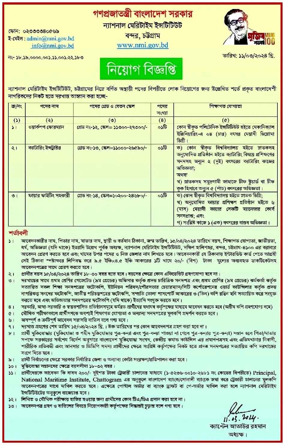 ন্যাশনাল মেরিটাইম ইনস্টিটিউট নিয়োগ বিজ্ঞপ্তি ২০২৪