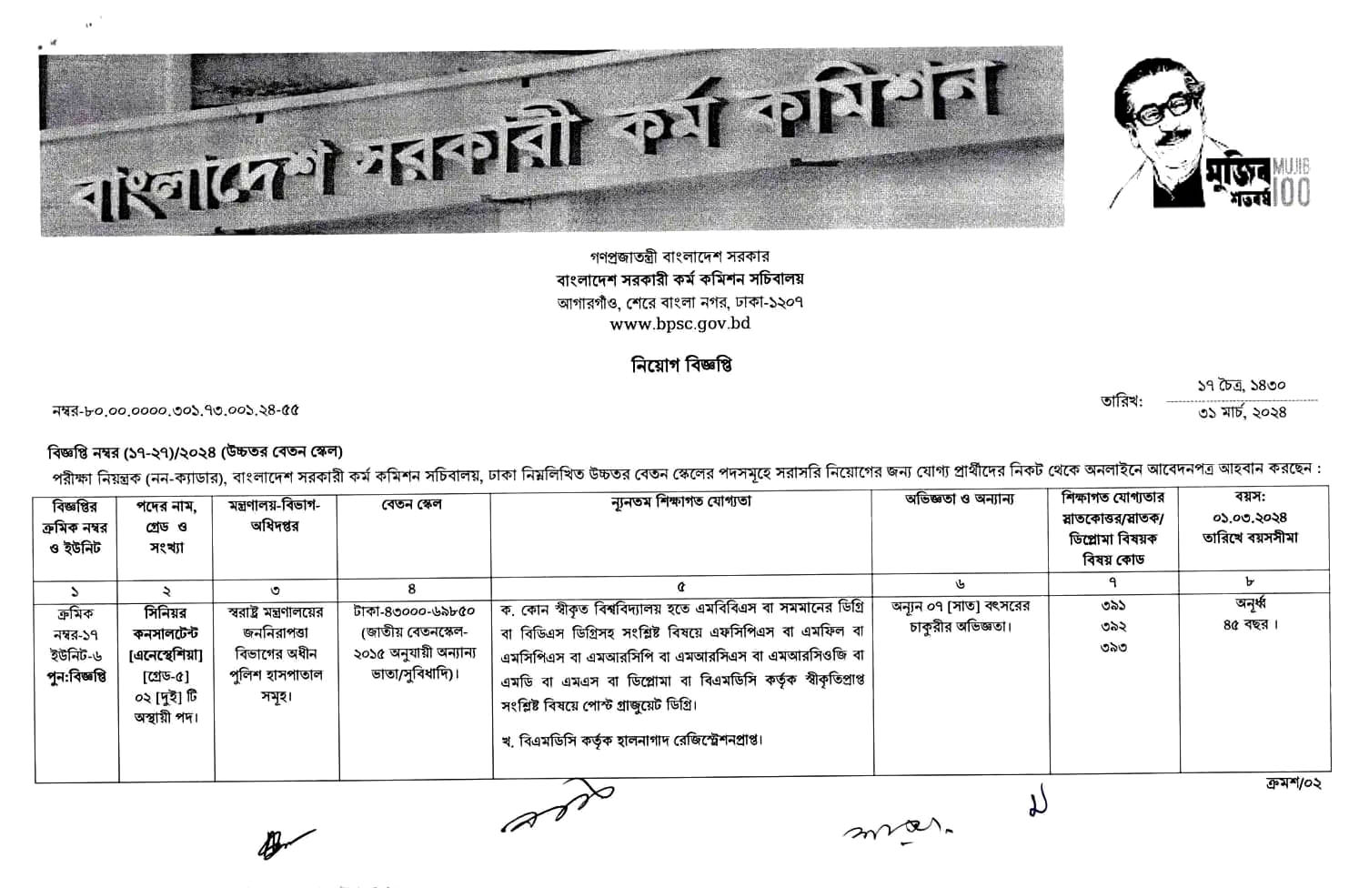 বাংলাদেশ সরকারি কর্ম কমিশন নিয়োগ বিজ্ঞপ্তি ২০২৪