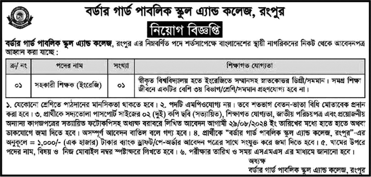 বর্ডার গার্ড পাবলিক স্কুল এন্ড কলেজ নিয়োগ বিজ্ঞপ্তি ২০২৪