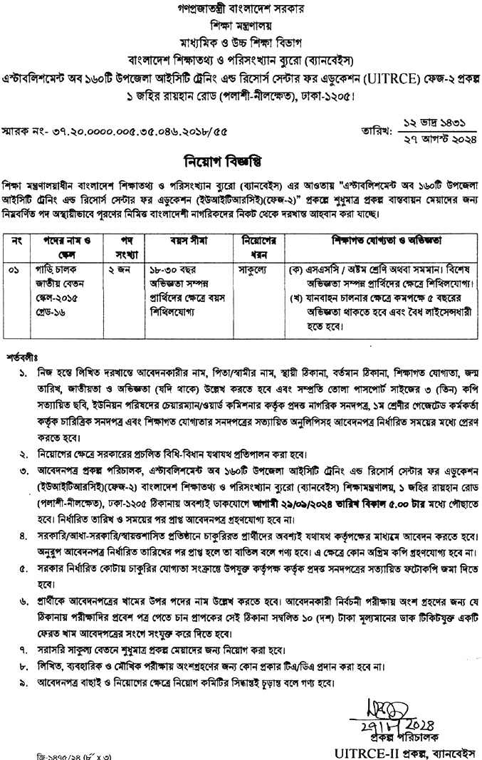 বাংলাদেশ শিক্ষাতথ্য ও পরিসংখ্যান ব্যুরো নিয়োগ বিজ্ঞপ্তি ২০২৪